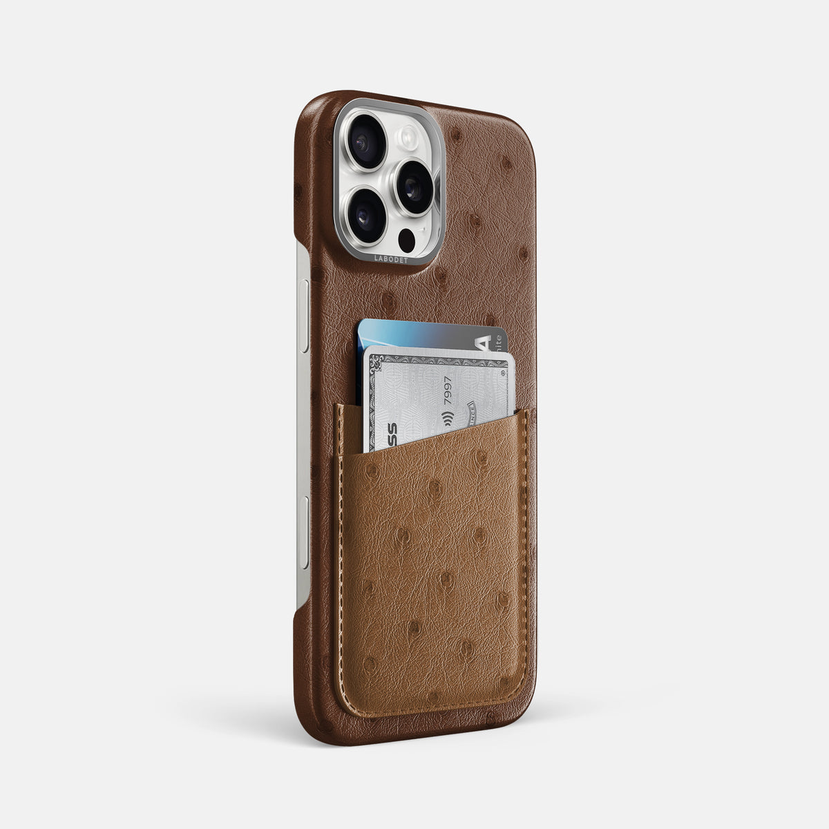 Chocolate-Medium-Brown iPhone 16 Pro Max Card Case Ostrich with Steel Metal -2 | Chocolate-Medium-Brown-Steel