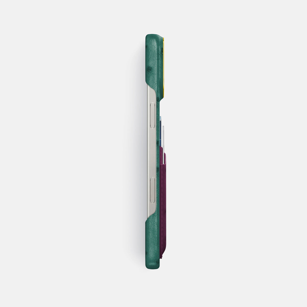 Forest-Green-Purple iPhone 16 Pro Max Card Case Ostrich with Gold Metal -3 | Forest-Green-Purple-Gold