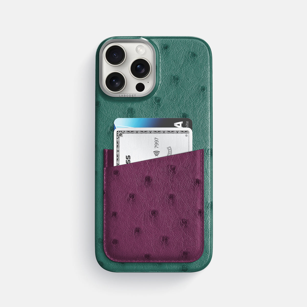 Forest-Green-Purple iPhone 16 Pro Max Card Case Ostrich with Steel Metal -1 | Forest-Green-Purple-Steel