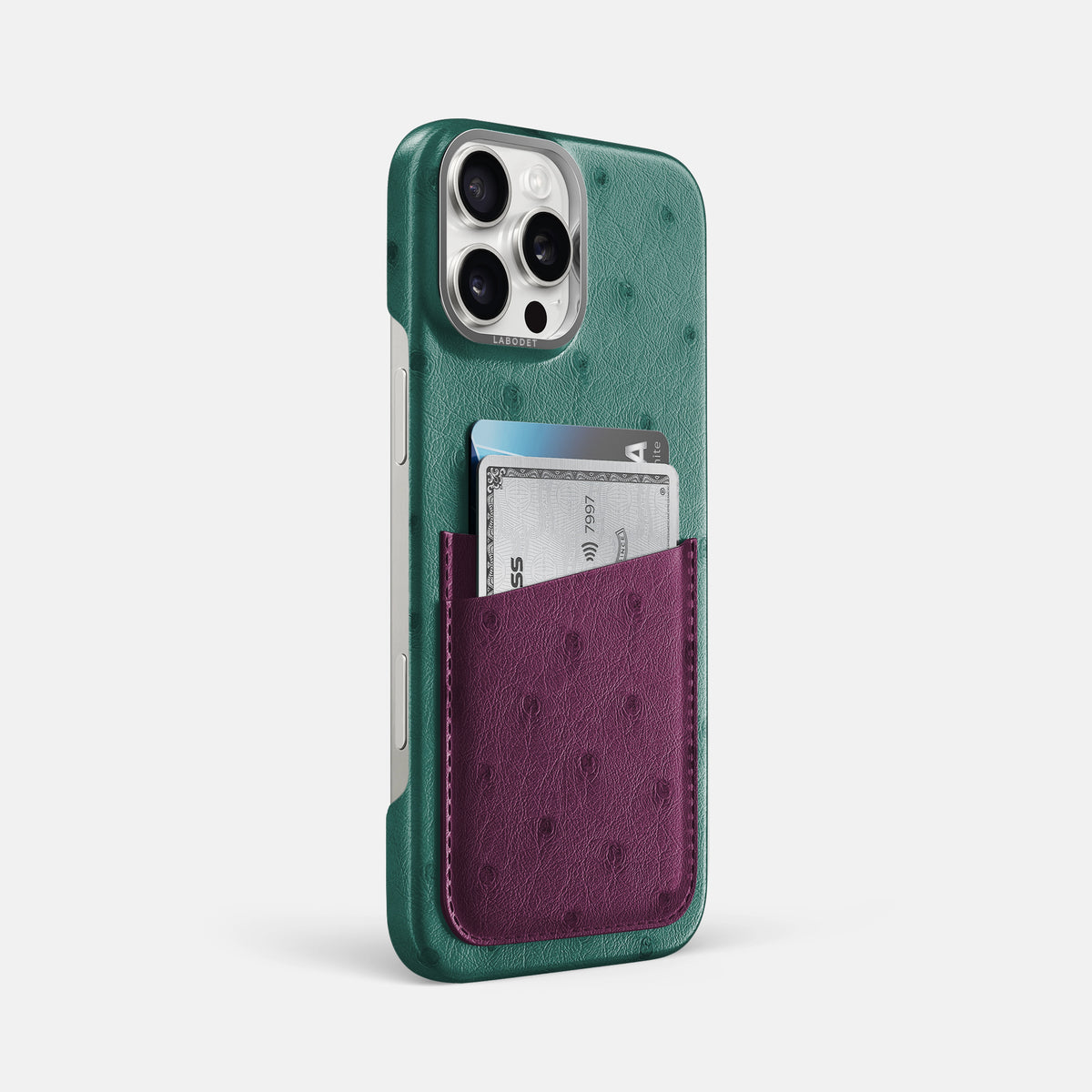 Forest-Green-Purple iPhone 16 Pro Max Card Case Ostrich with Steel Metal -2 | Forest-Green-Purple-Steel