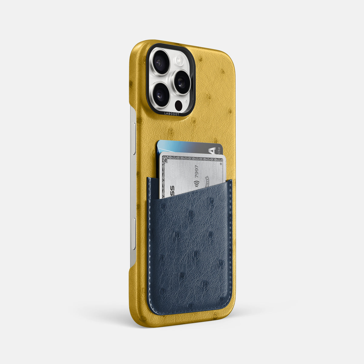 Gold-Navy-Blue iPhone 16 Pro Max Card Case Ostrich with Black Metal -2 | Gold-Navy-Blue-Black