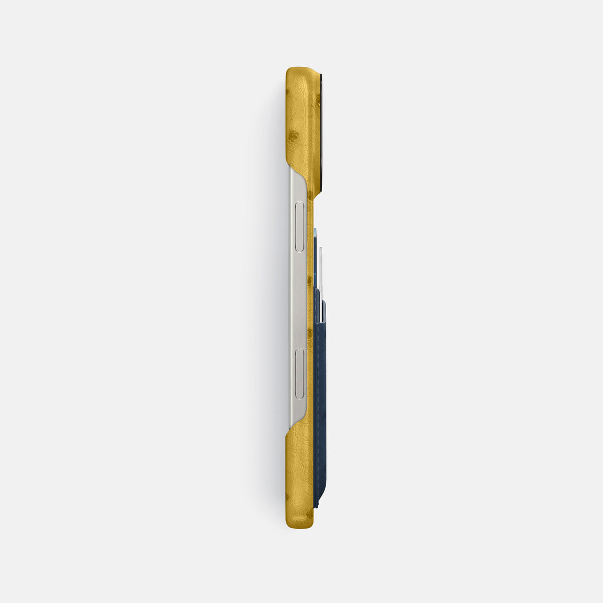 Gold-Navy-Blue iPhone 16 Pro Max Card Case Ostrich with Black Metal -3 | Gold-Navy-Blue-Black