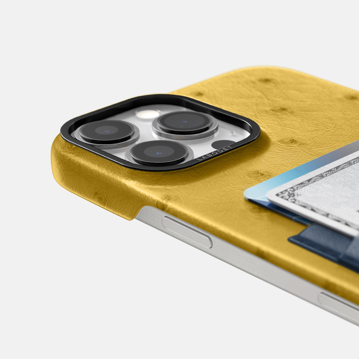 Gold-Navy-Blue iPhone 16 Pro Max Card Case Ostrich with Black Metal -5 | Gold-Navy-Blue-Black