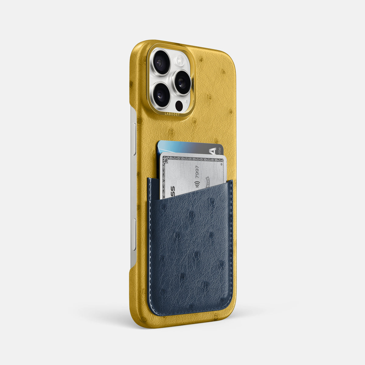 Gold-Navy-Blue iPhone 16 Pro Max Card Case Ostrich with Gold Metal -2 | Gold-Navy-Blue-Gold