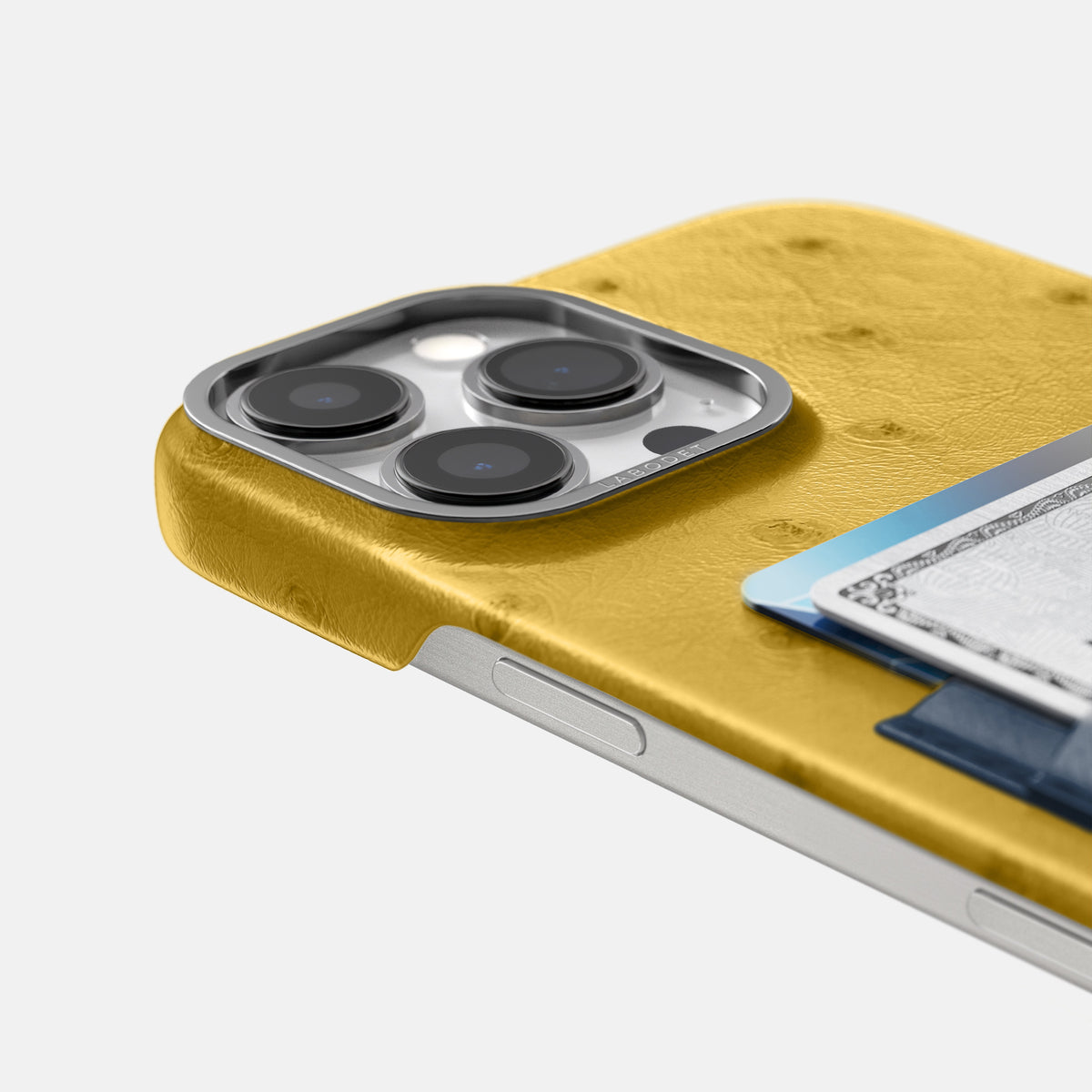 Gold-Navy-Blue iPhone 16 Pro Max Card Case Ostrich with Steel Metal -5 | Gold-Navy-Blue-Steel
