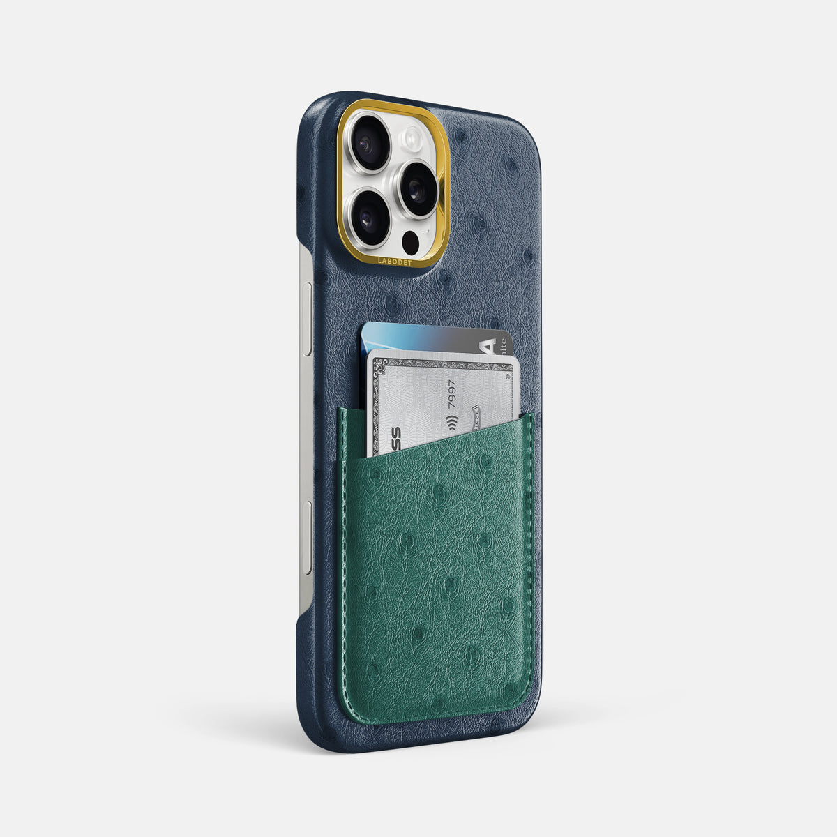 Navy-Blue-Forest-Green iPhone 16 Pro Max Card Case Ostrich with Gold Metal -2 | Navy-Blue-Forest-Green-Gold