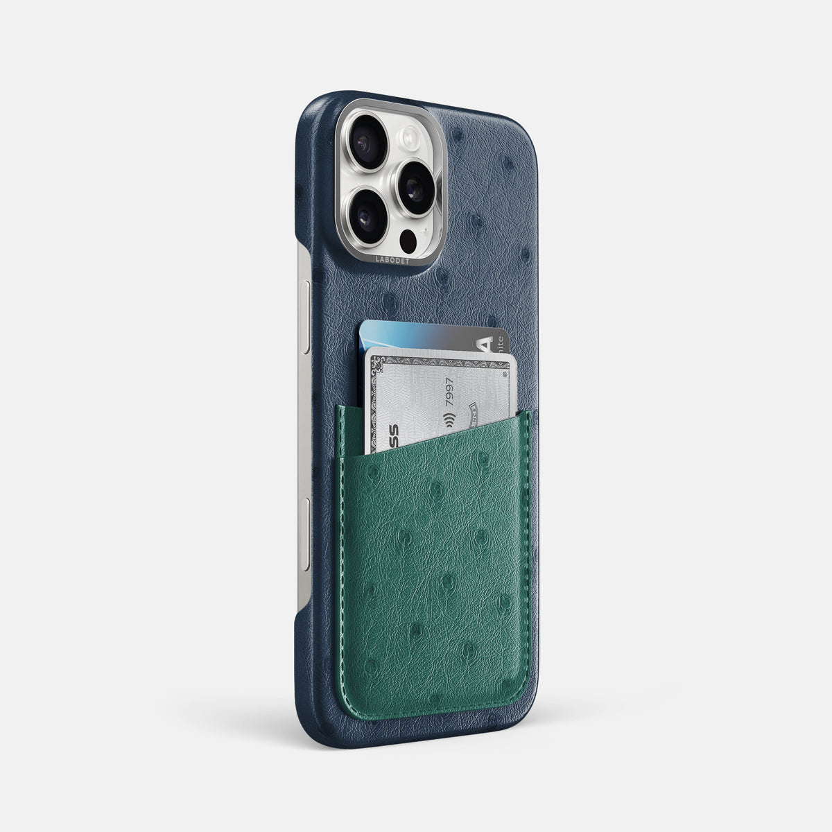 Navy-Blue-Forest-Green iPhone 16 Pro Max Card Case Ostrich with Steel Metal -2 | Navy-Blue-Forest-Green-Steel