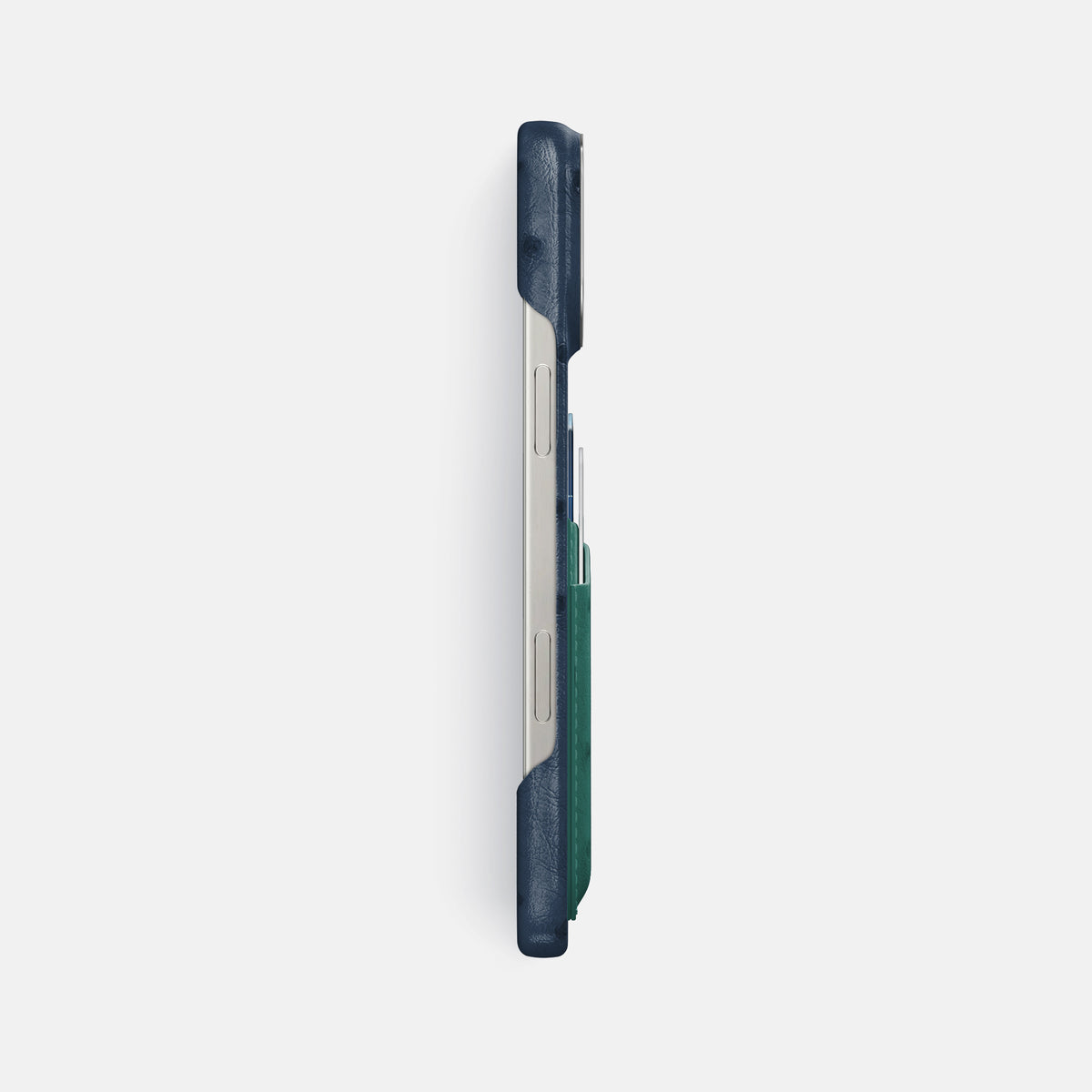 Navy-Blue-Forest-Green iPhone 16 Pro Max Card Case Ostrich with Steel Metal -3 | Navy-Blue-Forest-Green-Steel