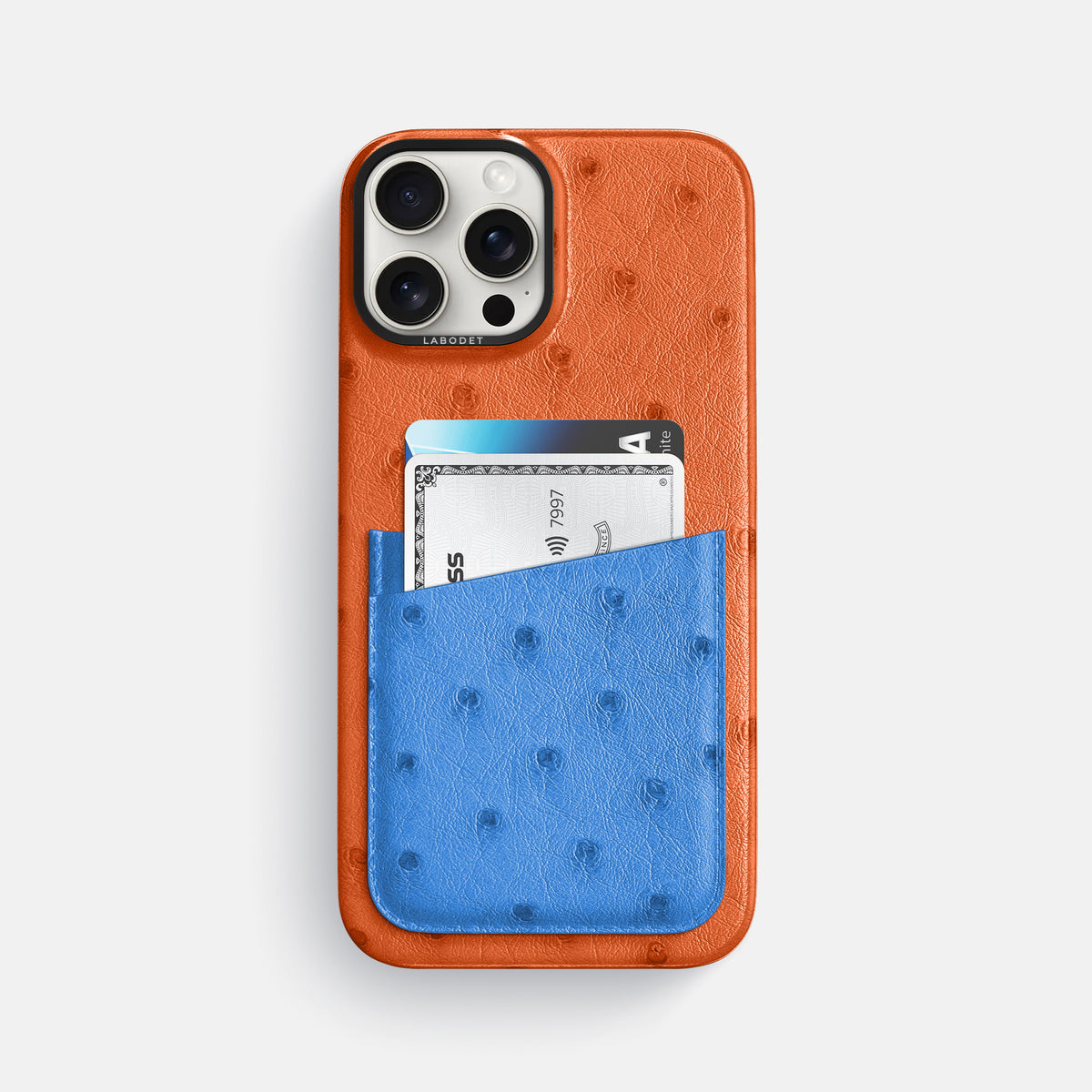 Orange-Royal-Blue iPhone 16 Pro Max Card Case Ostrich with Black Metal -1 | Orange-Royal-Blue-Black