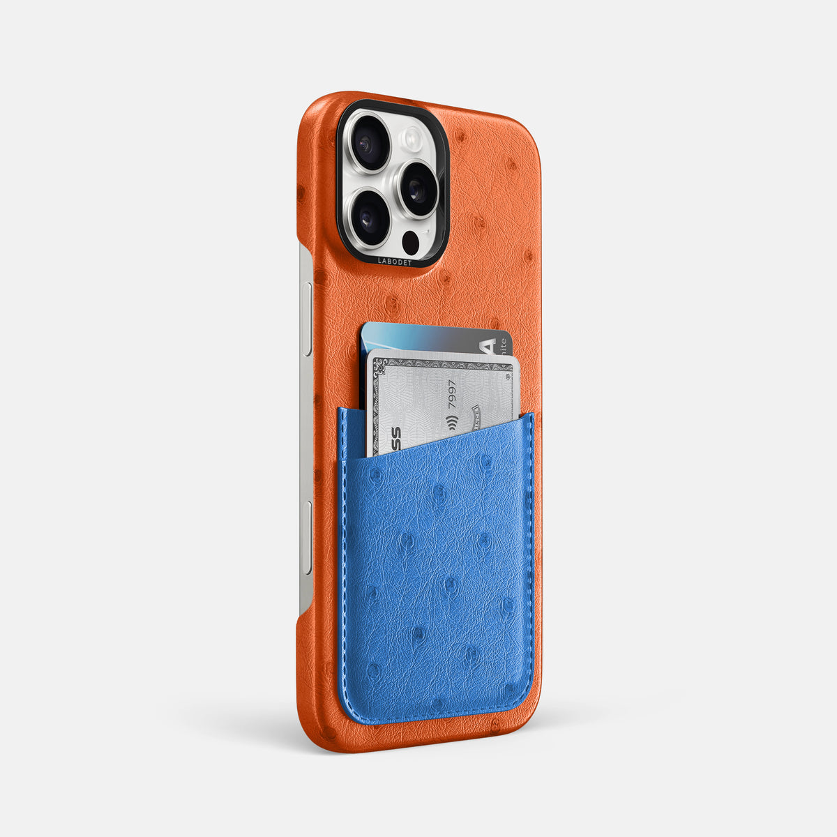 Orange-Royal-Blue iPhone 16 Pro Max Card Case Ostrich with Black Metal -2 | Orange-Royal-Blue-Black