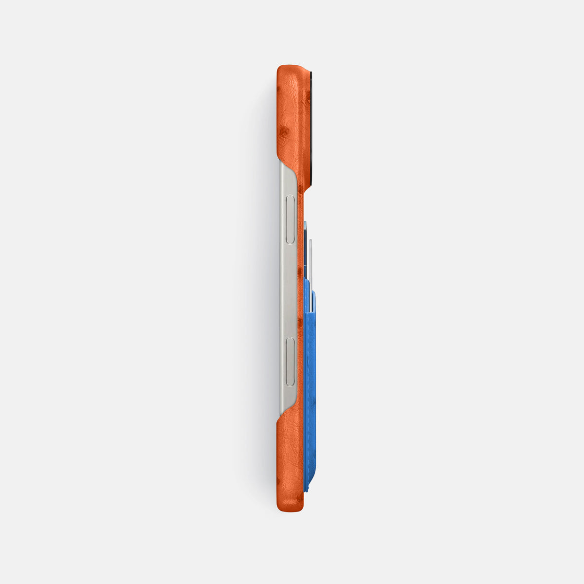 Orange-Royal-Blue iPhone 16 Pro Max Card Case Ostrich with Black Metal -3 | Orange-Royal-Blue-Black