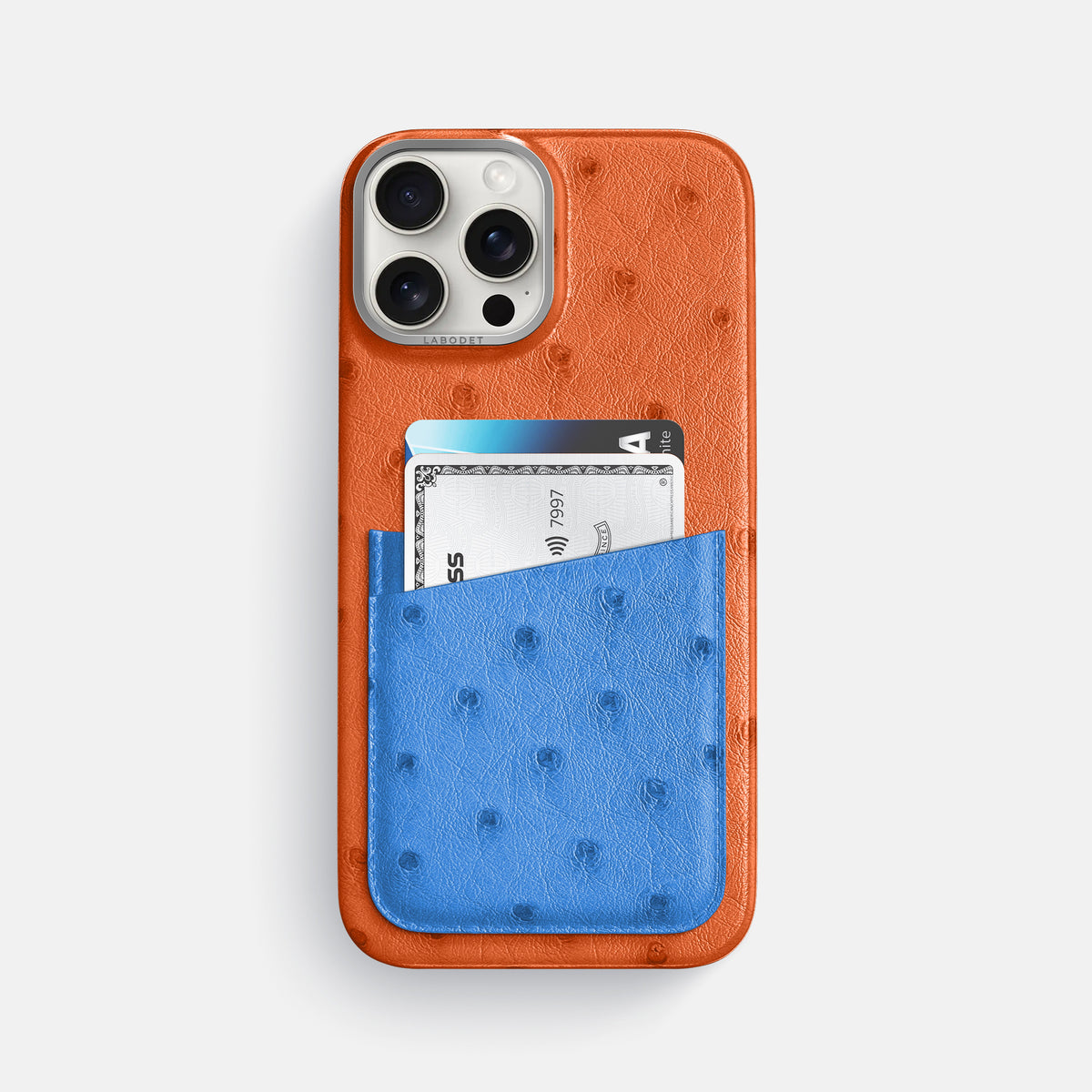 Orange-Royal-Blue iPhone 16 Pro Max Card Case Ostrich with Steel Metal -1 | Orange-Royal-Blue-Steel