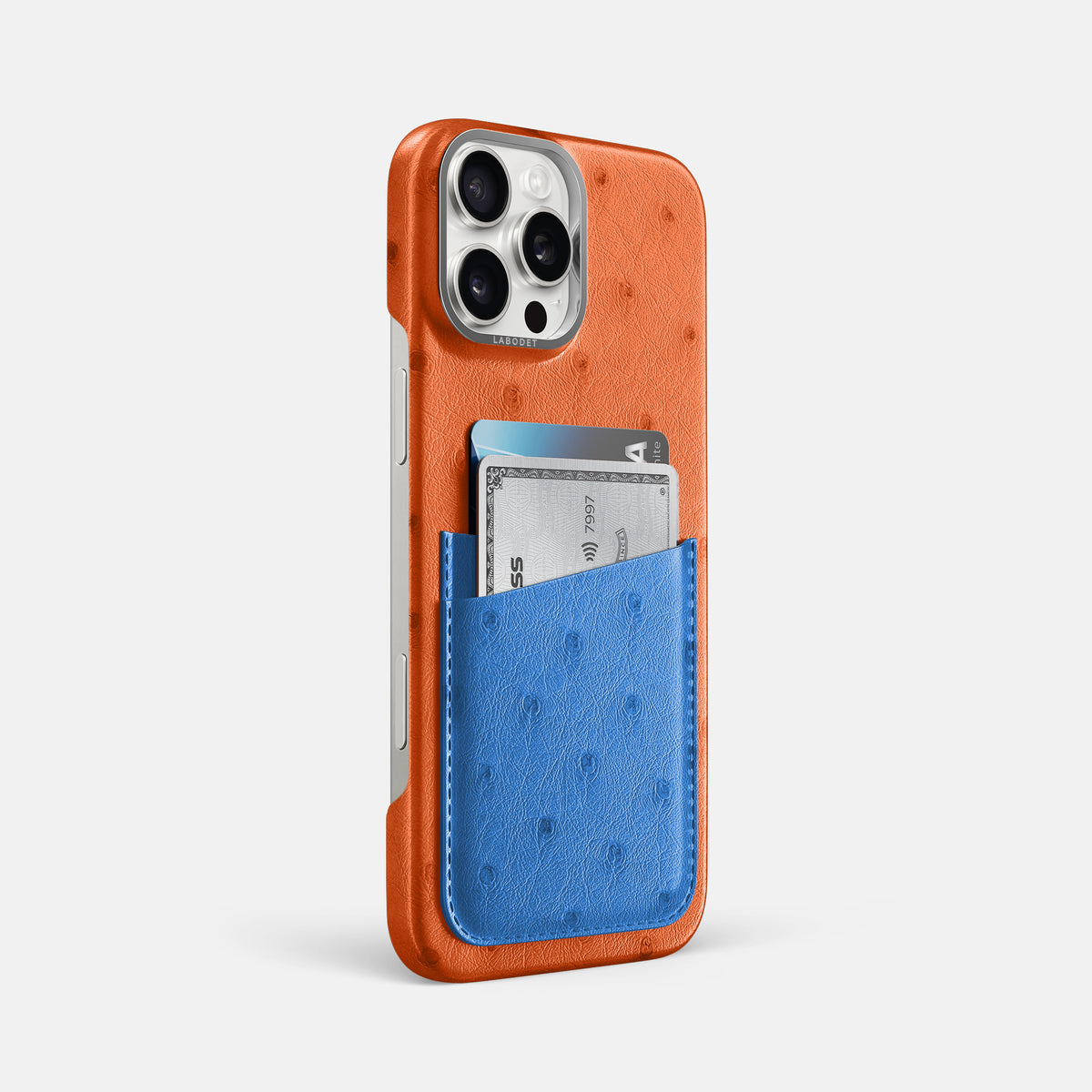 Orange-Royal-Blue iPhone 16 Pro Max Card Case Ostrich with Steel Metal -2 | Orange-Royal-Blue-Steel