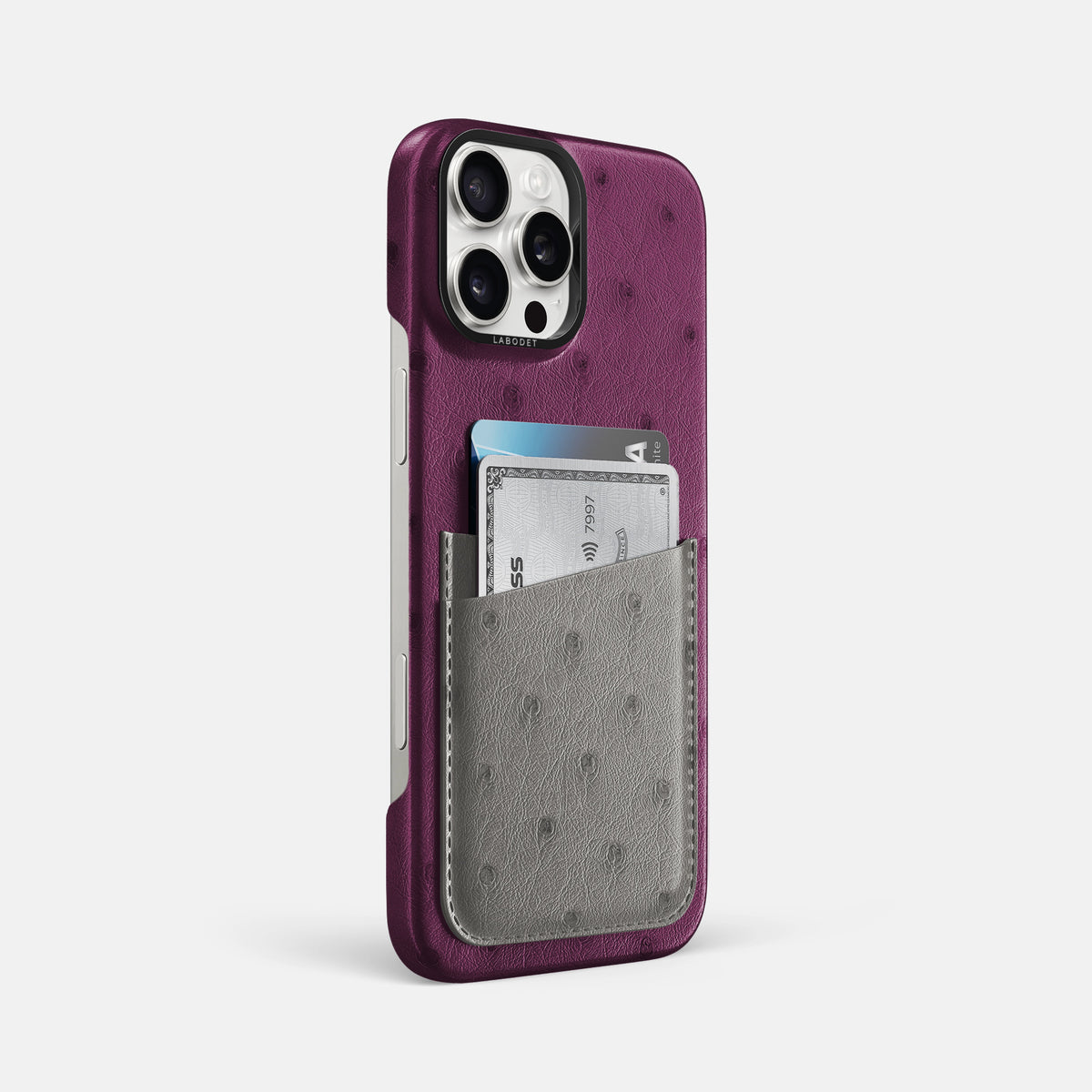 Purple-Grey iPhone 16 Pro Max Card Case Ostrich with Black Metal -2 | Purple-Grey-Black