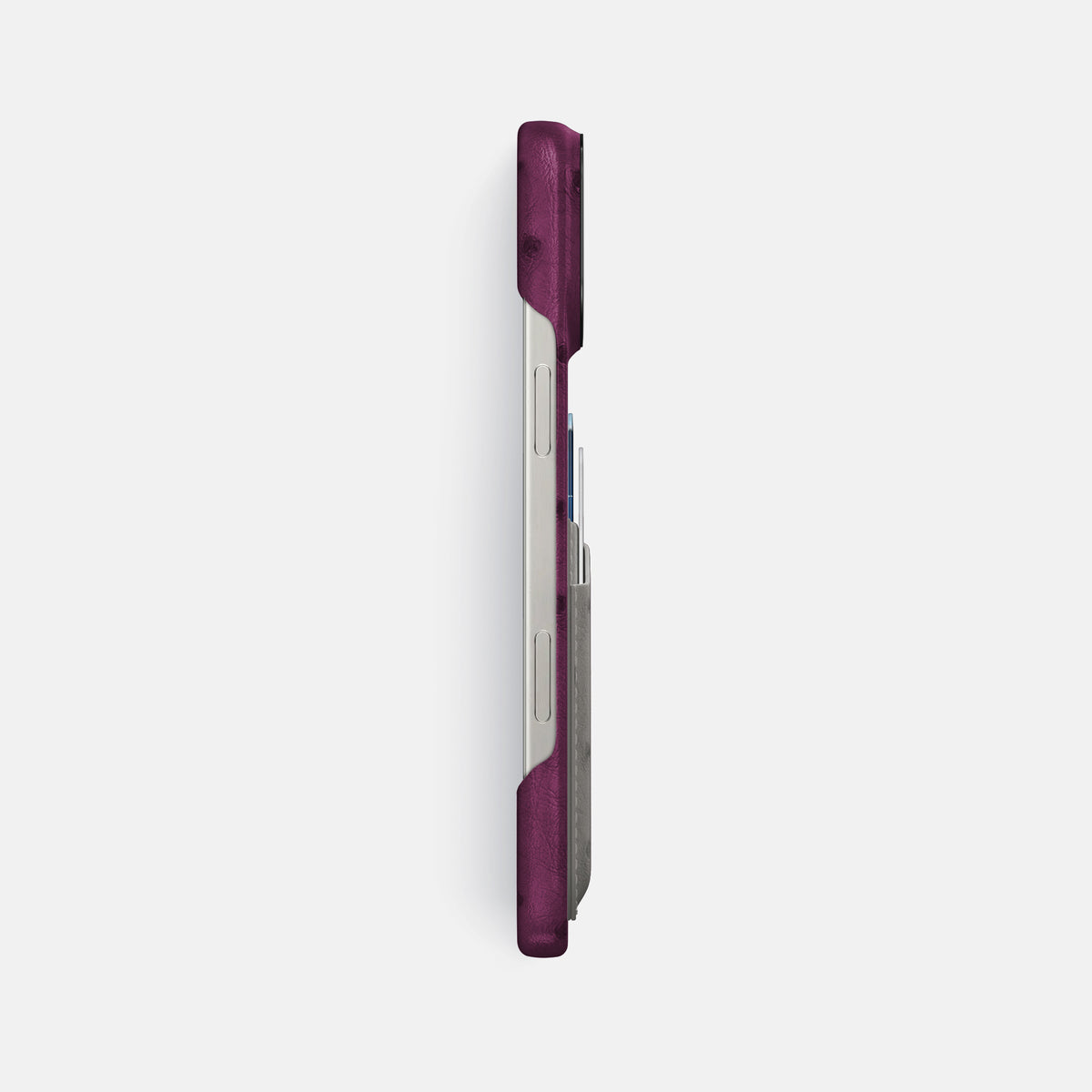 Purple-Grey iPhone 16 Pro Max Card Case Ostrich with Black Metal -3 | Purple-Grey-Black