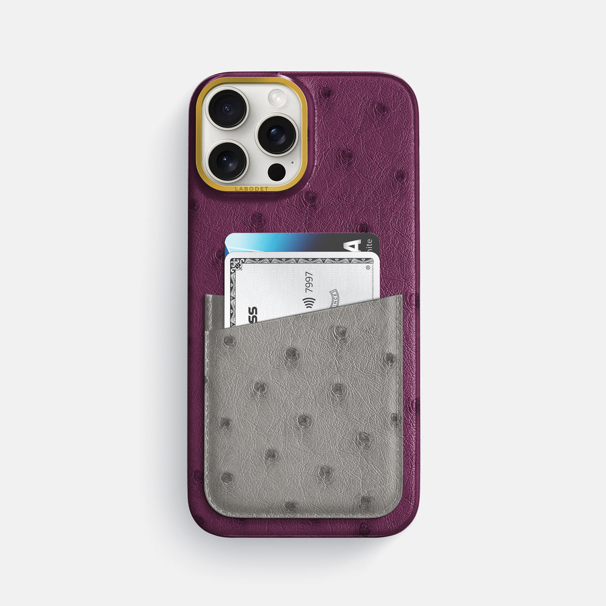 Purple-Grey iPhone 16 Pro Max Card Case Ostrich with Gold Metal -1 | Purple-Grey-Gold