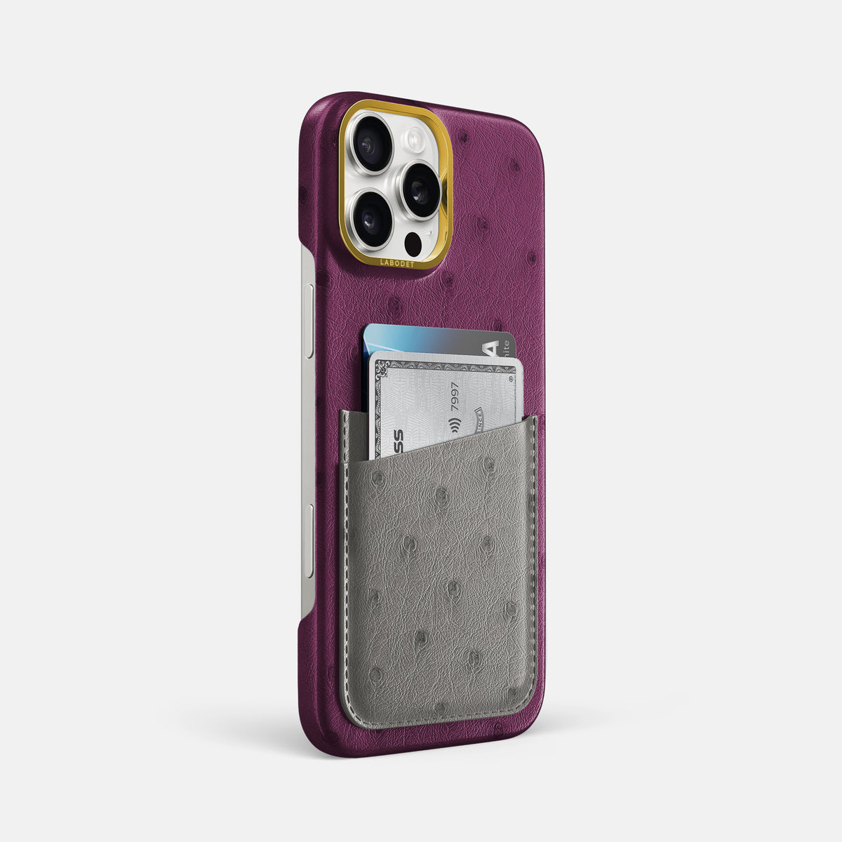 Purple-Grey iPhone 16 Pro Max Card Case Ostrich with Gold Metal -2 | Purple-Grey-Gold