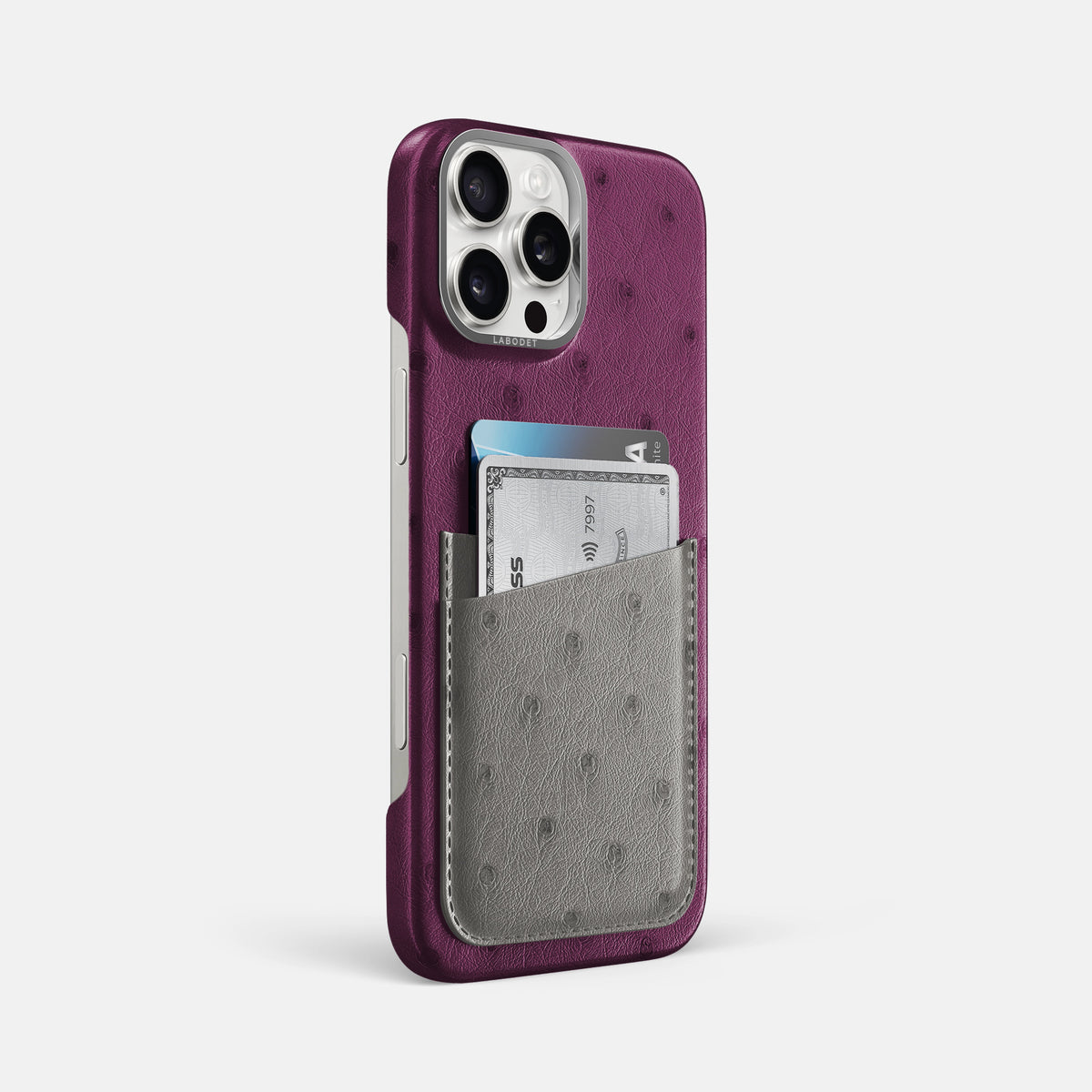 Purple-Grey iPhone 16 Pro Max Card Case Ostrich with Steel Metal -2 | Purple-Grey-Steel