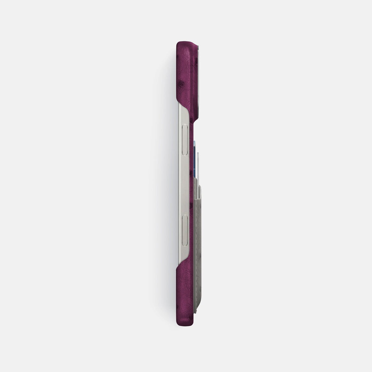 Purple-Grey iPhone 16 Pro Max Card Case Ostrich with Steel Metal -3 | Purple-Grey-Steel