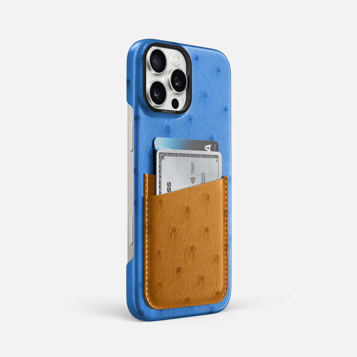 Royal-Blue-Chestnut iPhone 16 Pro Max Card Case Ostrich with Black Metal -2 | Royal-Blue-Chestnut-Black