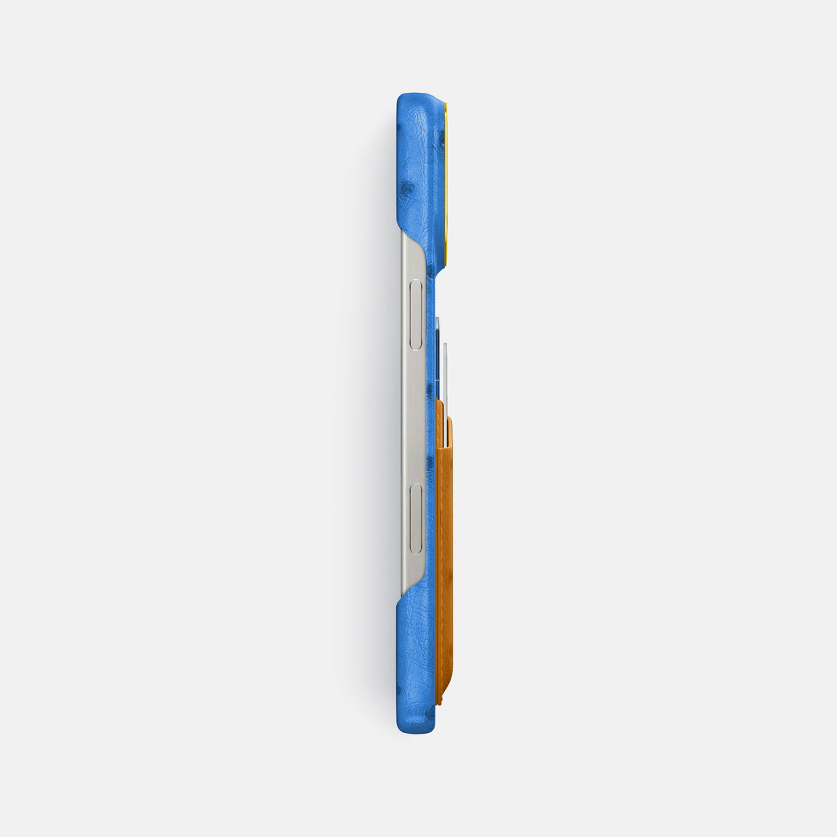 Royal-Blue-Chestnut iPhone 16 Pro Max Card Case Ostrich with Gold Metal -3 | Royal-Blue-Chestnut-Gold