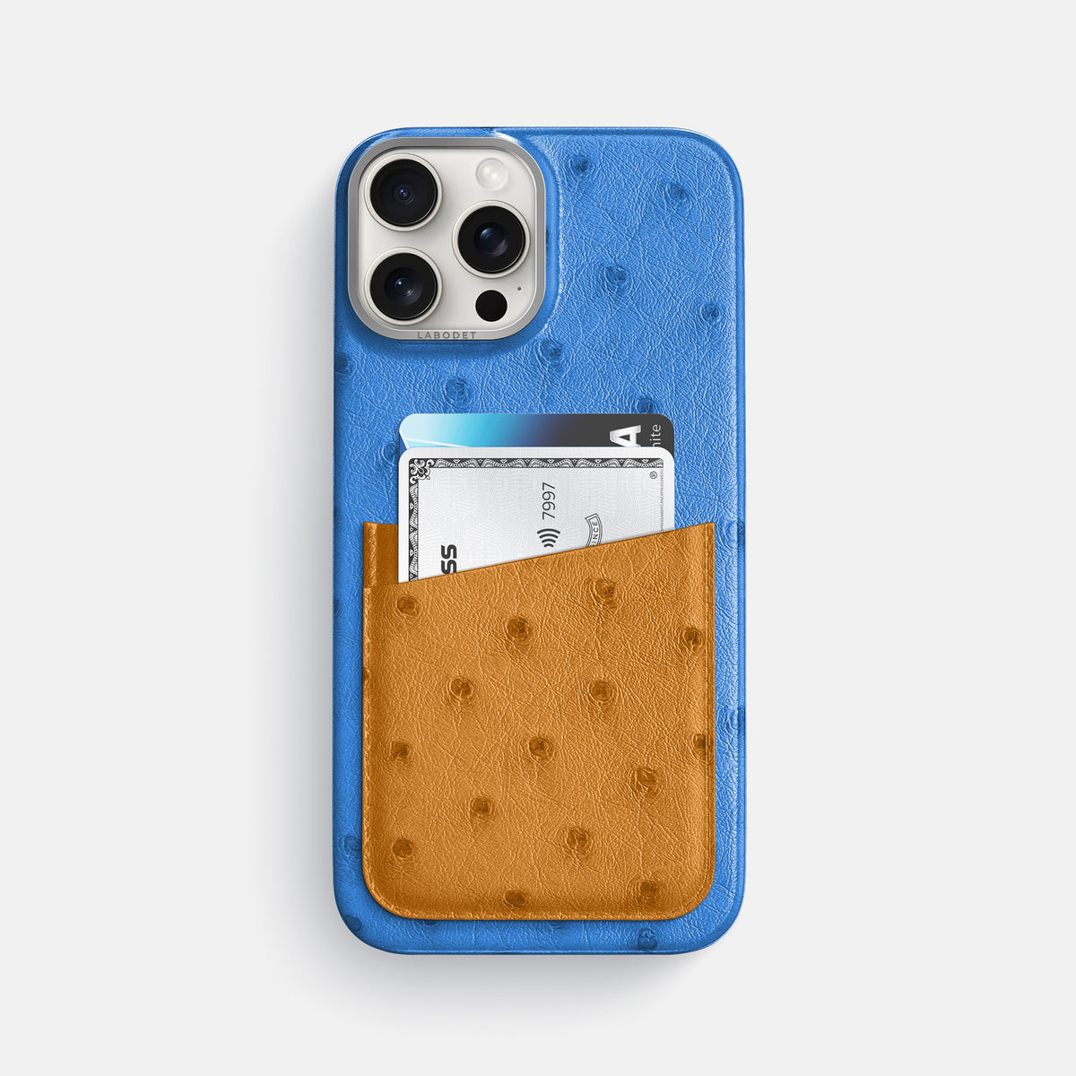 Royal-Blue-Chestnut iPhone 16 Pro Max Card Case Ostrich with Steel Metal -1 | Royal-Blue-Chestnut-Steel