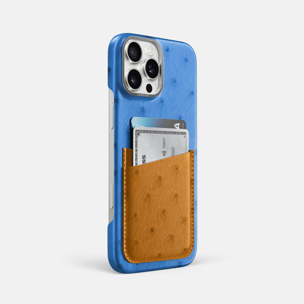 Royal-Blue-Chestnut iPhone 16 Pro Max Card Case Ostrich with Steel Metal -2 | Royal-Blue-Chestnut-Steel