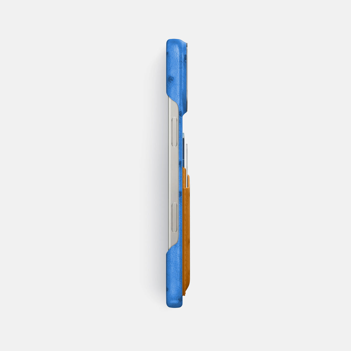 Royal-Blue-Chestnut iPhone 16 Pro Max Card Case Ostrich with Steel Metal -3 | Royal-Blue-Chestnut-Steel