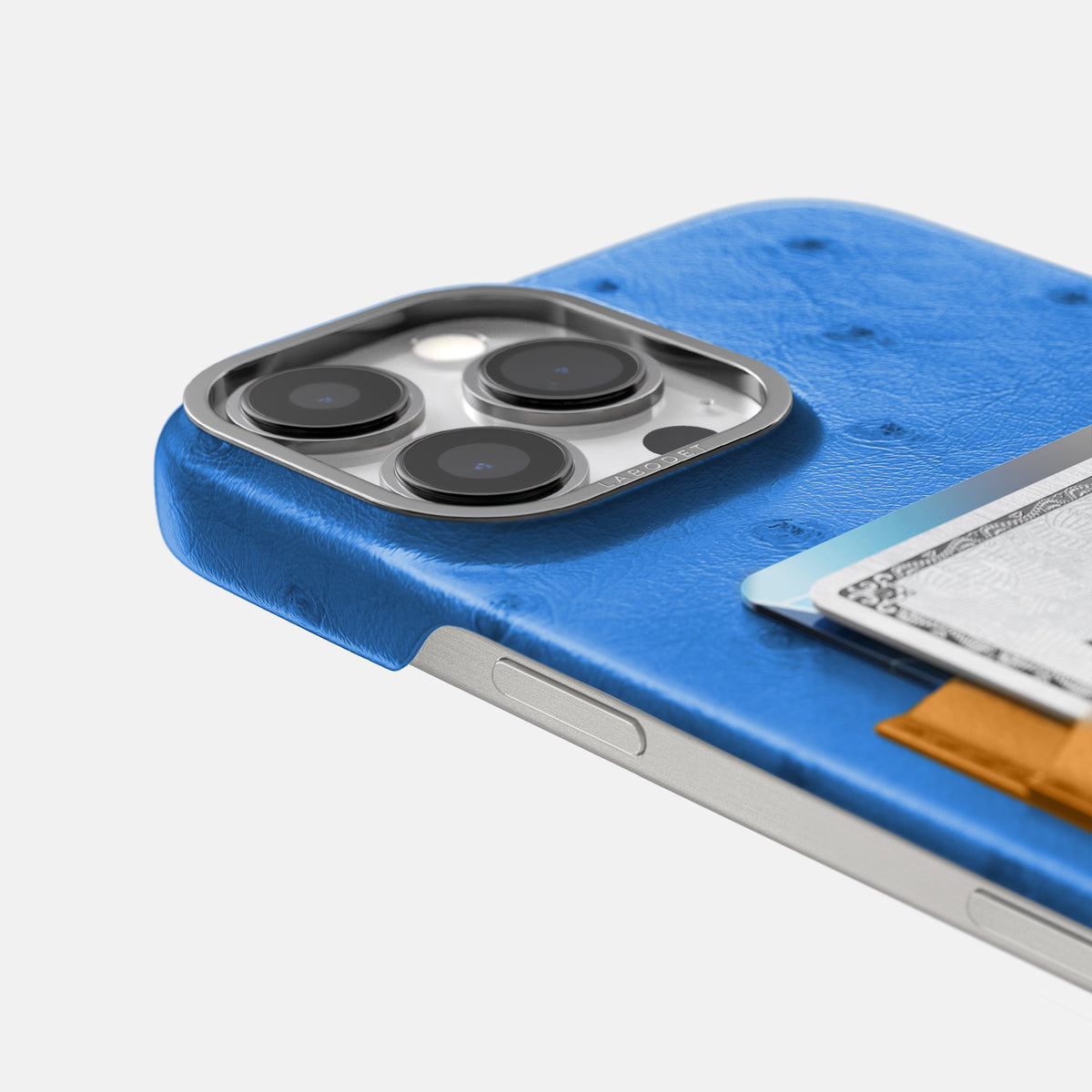 Royal-Blue-Chestnut iPhone 16 Pro Max Card Case Ostrich with Steel Metal -5 | Royal-Blue-Chestnut-Steel