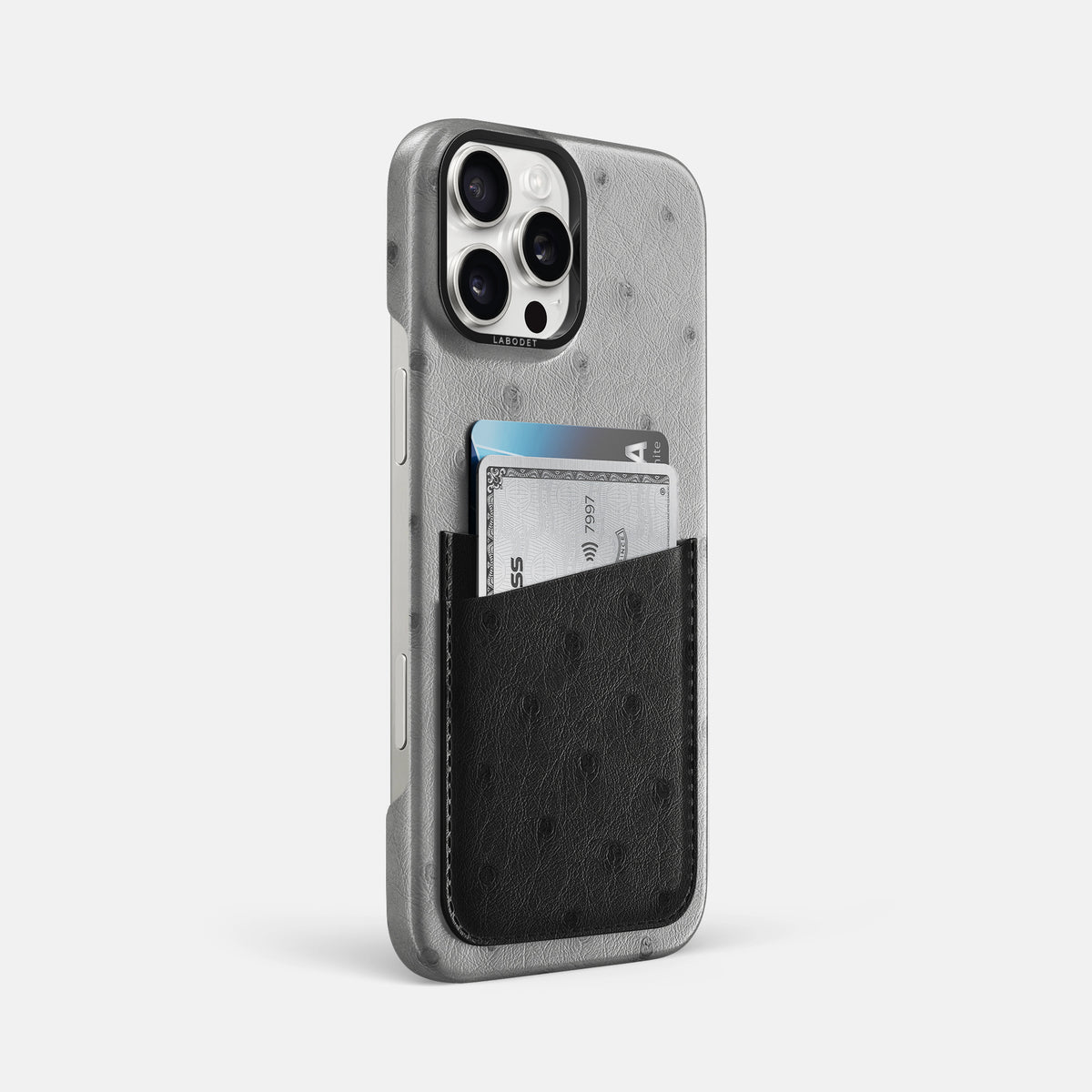 Silver-Black iPhone 16 Pro Max Card Case Ostrich with Black Metal -2 | Silver-Black-Black