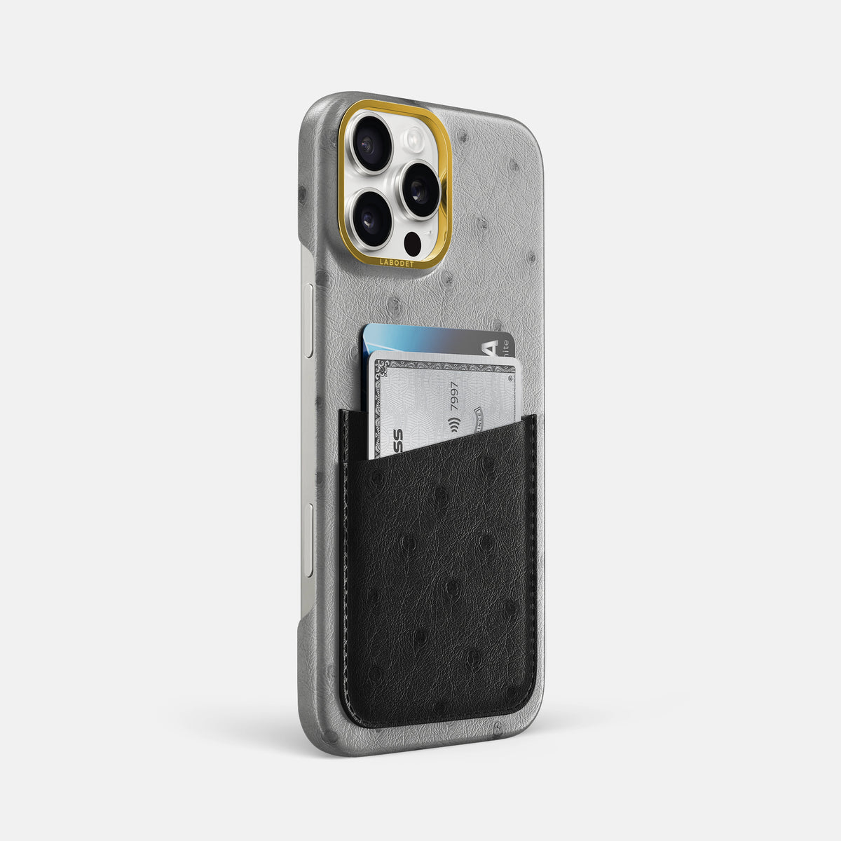 Silver-Black iPhone 16 Pro Max Card Case Ostrich with Gold Metal -2 | Silver-Black-Gold