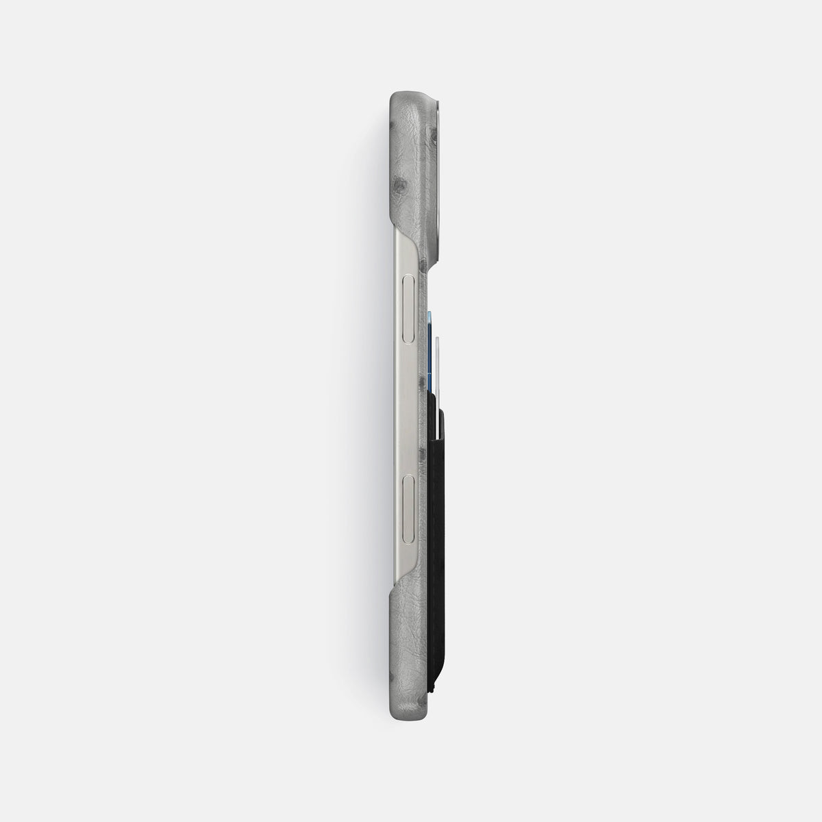 Silver-Black iPhone 16 Pro Max Card Case Ostrich with Steel Metal -3 | Silver-Black-Steel