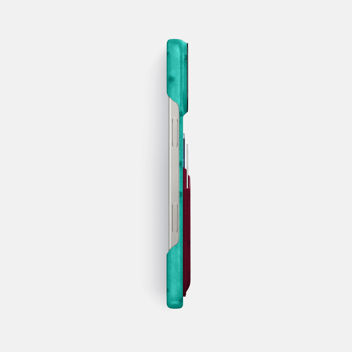 Turquoise-Bordeaux iPhone 16 Pro Max Card Case Ostrich with Black Metal -3 | Turquoise-Bordeaux-Black