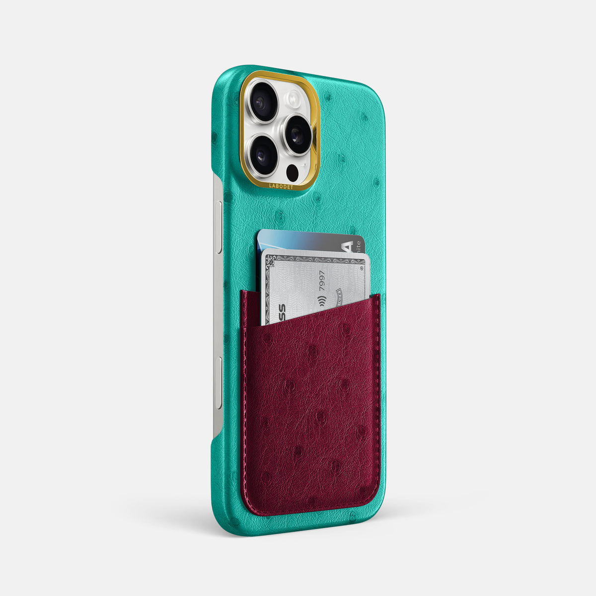 Turquoise-Bordeaux iPhone 16 Pro Max Card Case Ostrich with Gold Metal -2 | Turquoise-Bordeaux-Gold
