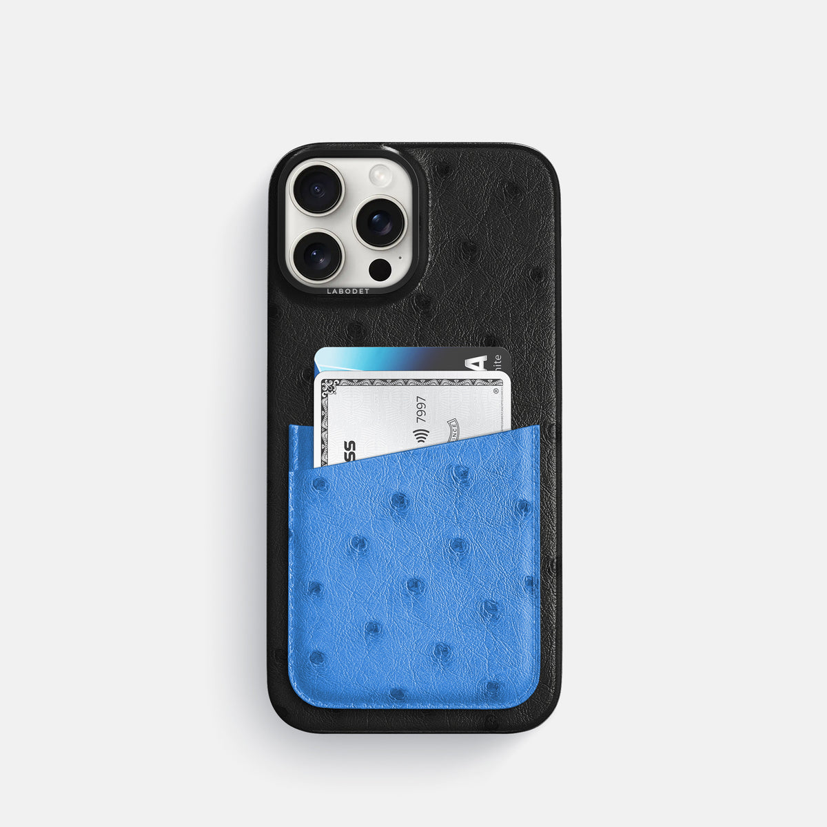 Black-Royal-Blue iPhone 16 Pro Card Case Ostrich with Black Metal -1 | Black-Royal-Blue-Black