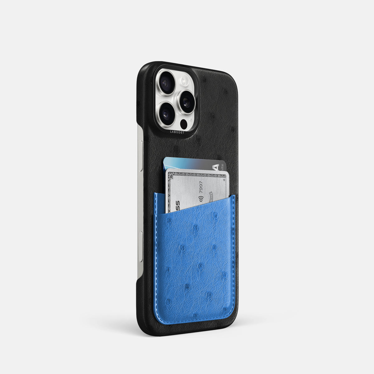 Black-Royal-Blue iPhone 16 Pro Card Case Ostrich with Black Metal -2 | Black-Royal-Blue-Black