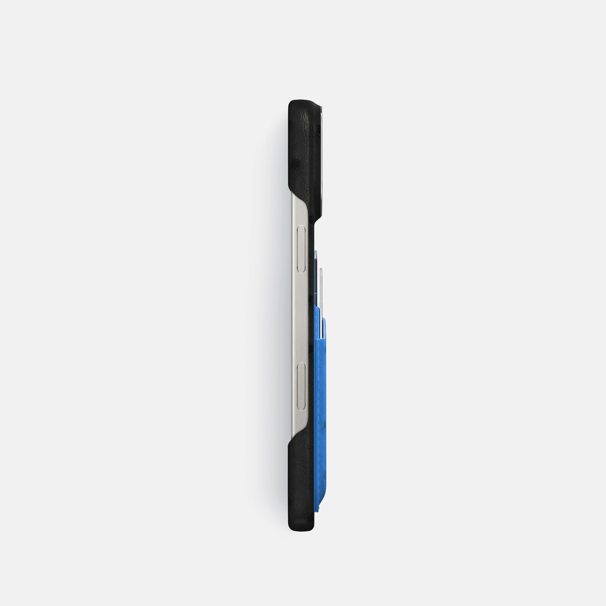 Black-Royal-Blue iPhone 16 Pro Card Case Ostrich with Steel Metal -3 | Black-Royal-Blue-Steel