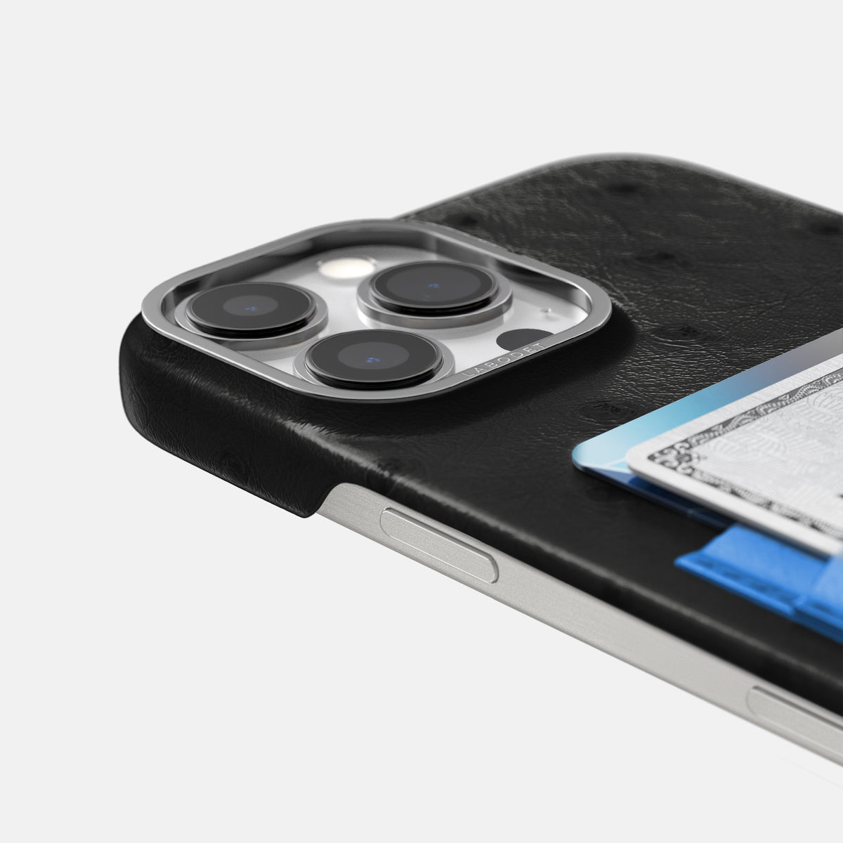 Black-Royal-Blue iPhone 16 Pro Card Case Ostrich with Steel Metal -5 | Black-Royal-Blue-Steel