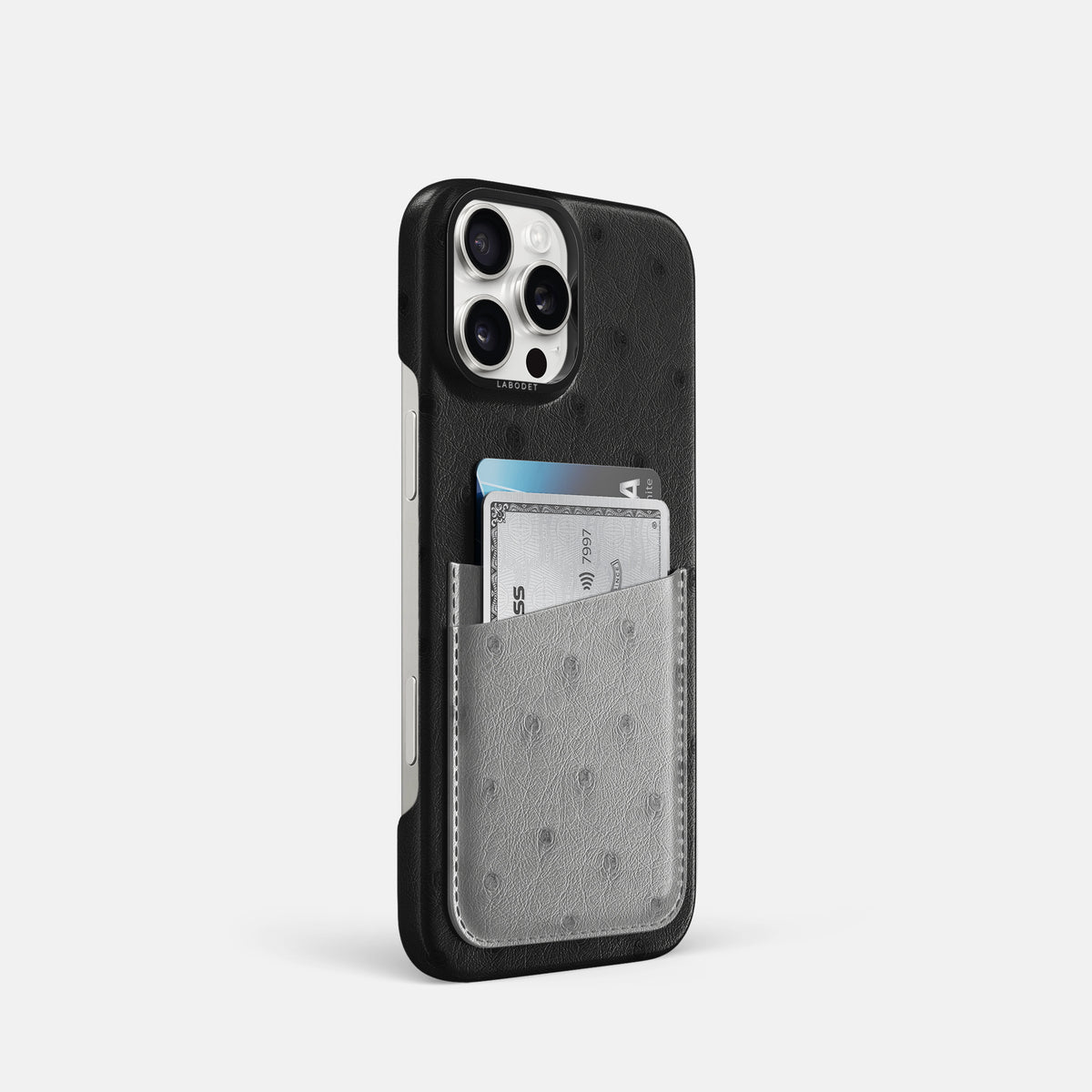 Black-Silver iPhone 16 Pro Card Case Ostrich with Black Metal -2 | Black-Silver-Black