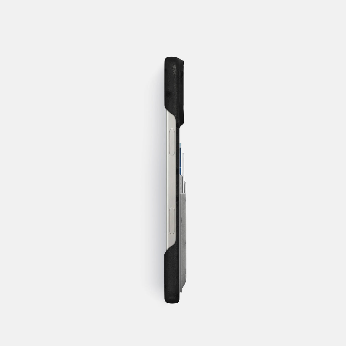 Black-Silver iPhone 16 Pro Card Case Ostrich with Black Metal -3 | Black-Silver-Black