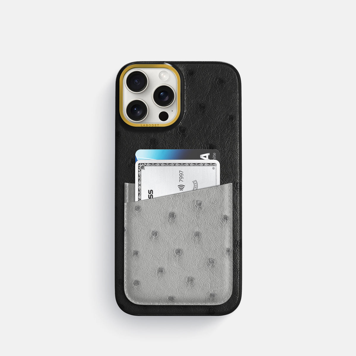 Black-Silver iPhone 16 Pro Card Case Ostrich with Gold Metal -1 | Black-Silver-Gold