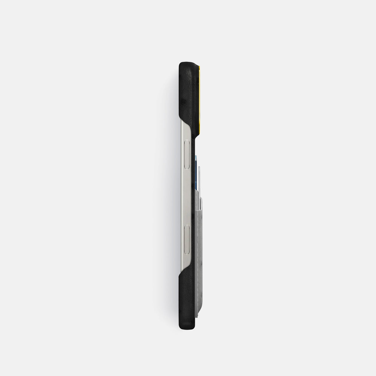 Black-Silver iPhone 16 Pro Card Case Ostrich with Gold Metal -3 | Black-Silver-Gold