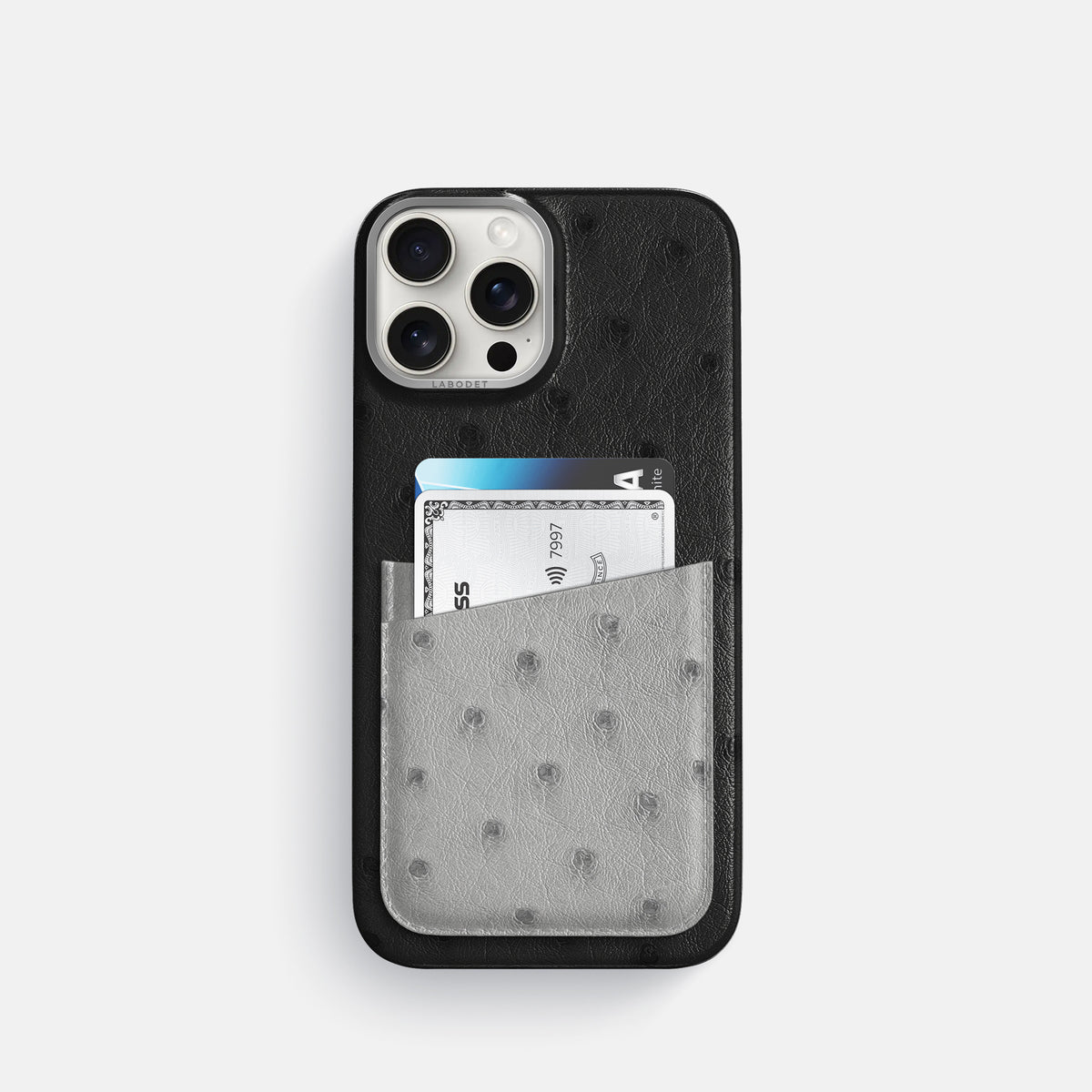 Black-Silver iPhone 16 Pro Card Case Ostrich with Steel Metal -1 | Black-Silver-Steel