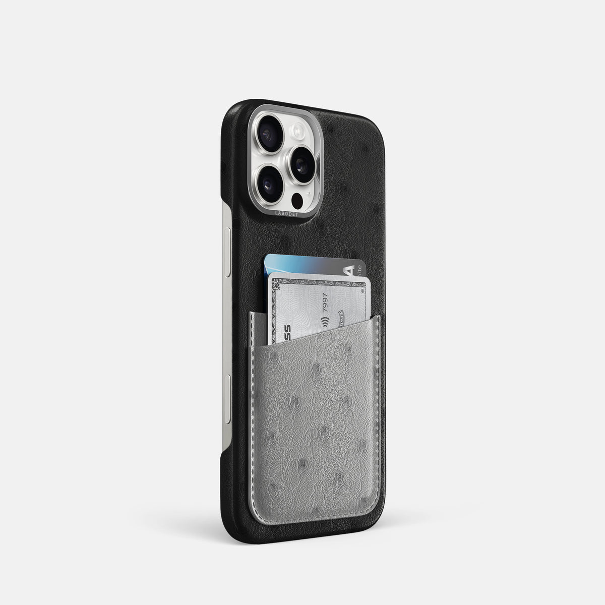 Black-Silver iPhone 16 Pro Card Case Ostrich with Steel Metal -2 | Black-Silver-Steel