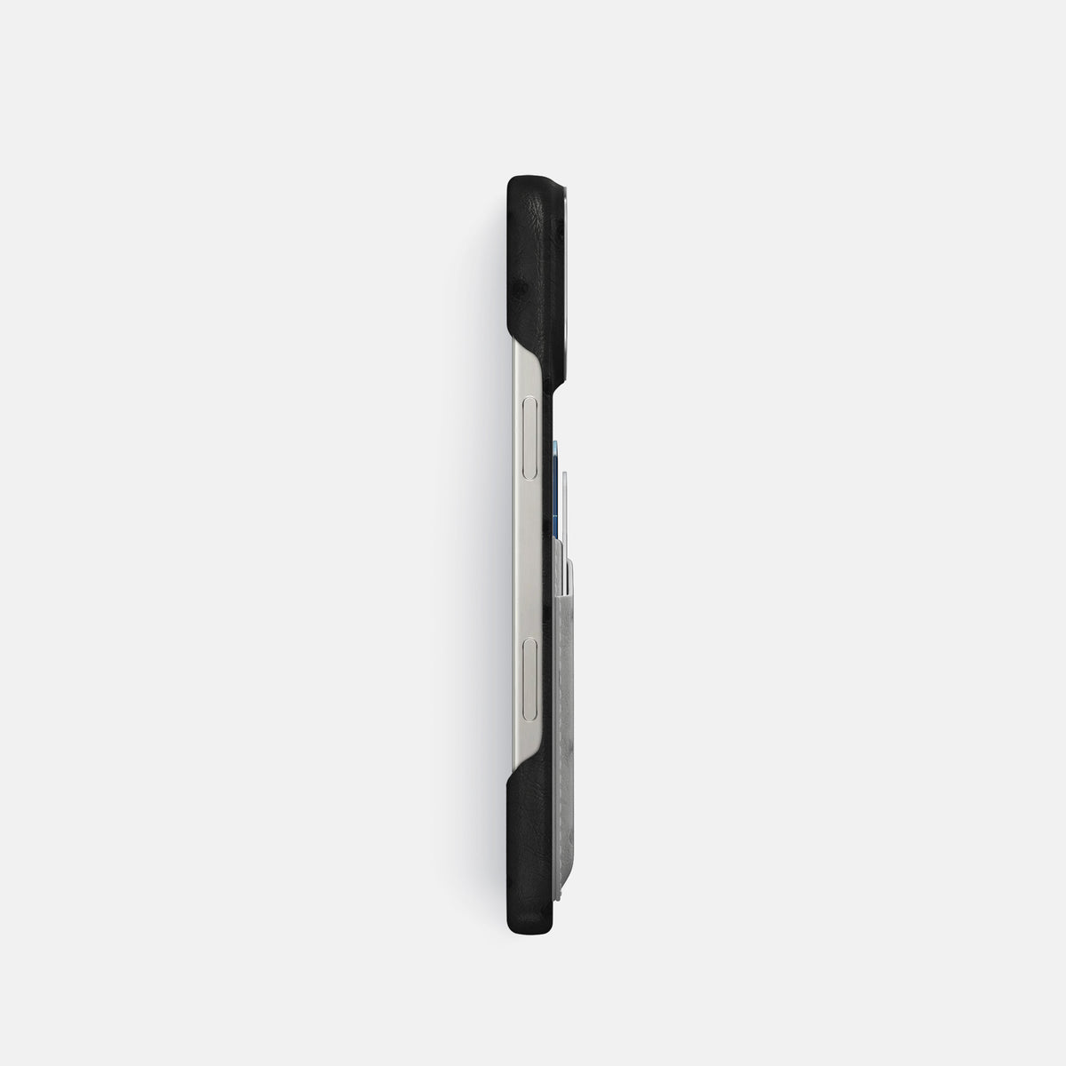 Black-Silver iPhone 16 Pro Card Case Ostrich with Steel Metal -3 | Black-Silver-Steel