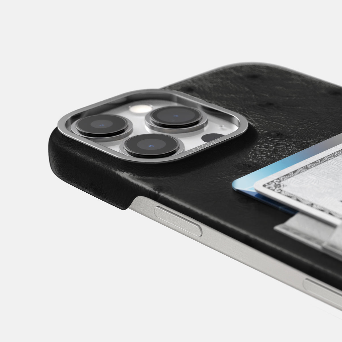 Black-Silver iPhone 16 Pro Card Case Ostrich with Steel Metal -5 | Black-Silver-Steel