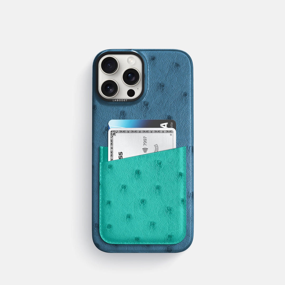Blue-Jeans-Turquoise iPhone 16 Pro Card Case Ostrich with Black Metal -1 | Blue-Jeans-Turquoise-Black