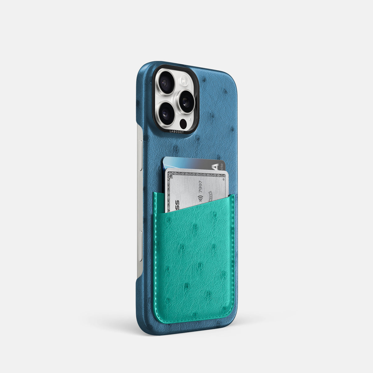 Blue-Jeans-Turquoise iPhone 16 Pro Card Case Ostrich with Black Metal -2 | Blue-Jeans-Turquoise-Black