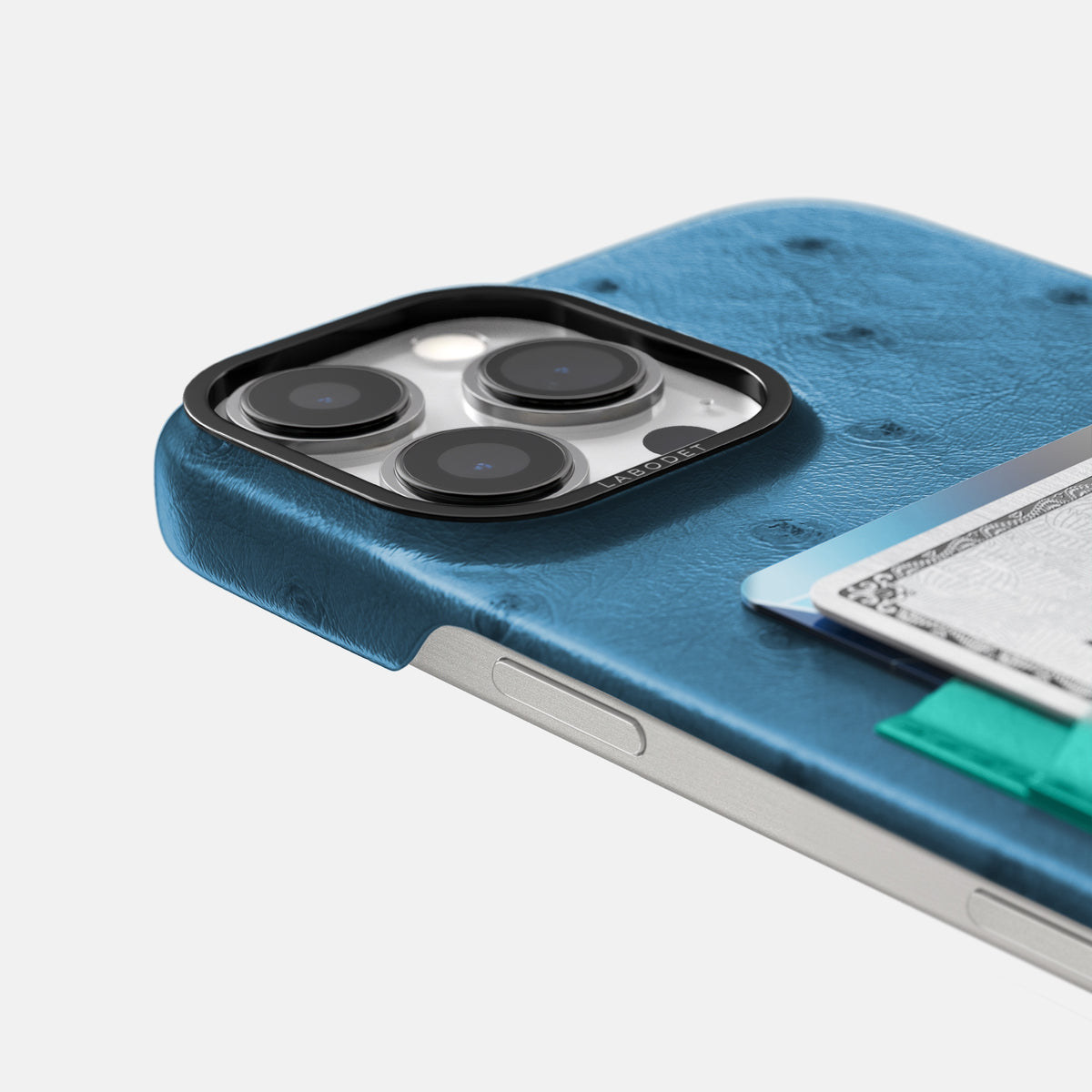 Blue-Jeans-Turquoise iPhone 16 Pro Card Case Ostrich with Black Metal -5 | Blue-Jeans-Turquoise-Black