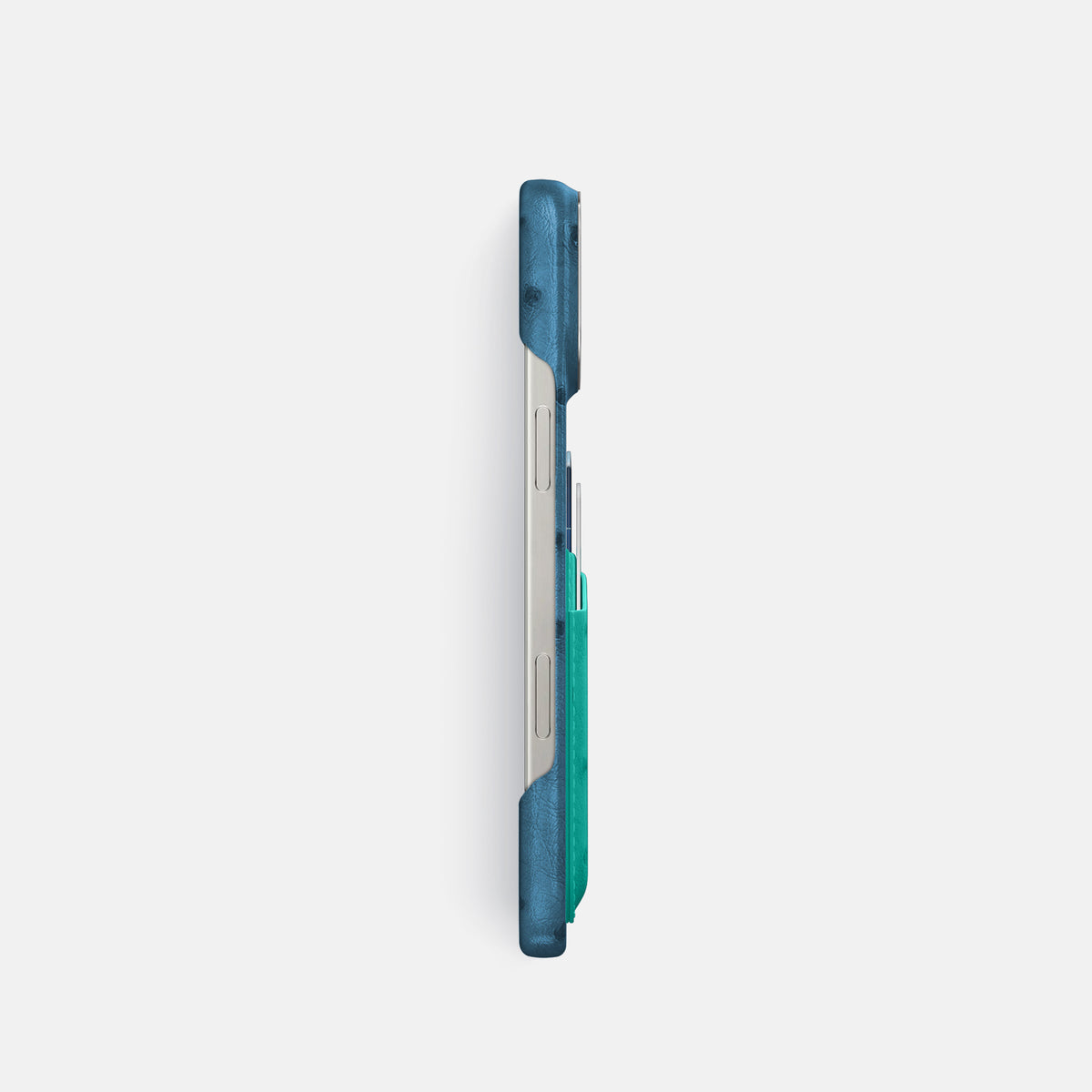 Blue-Jeans-Turquoise iPhone 16 Pro Card Case Ostrich with Steel Metal -3 | Blue-Jeans-Turquoise-Steel